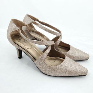 LifeStride Kalika Glittery Gold Pointed Toe Comfort Heel 7.5 Champagne Rose gold